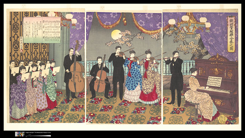  “Picture of a Concert of European Music” Toyohara Chikanobu (1838-1912), Japan, Meiji period (1868-1912), dated 1889, Triptych of polychrome woodblock prints; ink and color on paper, H. 14 1/2 in. (38.8cm); W. 29in. (73.7cm) Courtesy The Metropoltian Museum of Art, Gift of Lincoln Kirstein, 1959 (JP3276) Image ©The Metropolitan Museum of Art